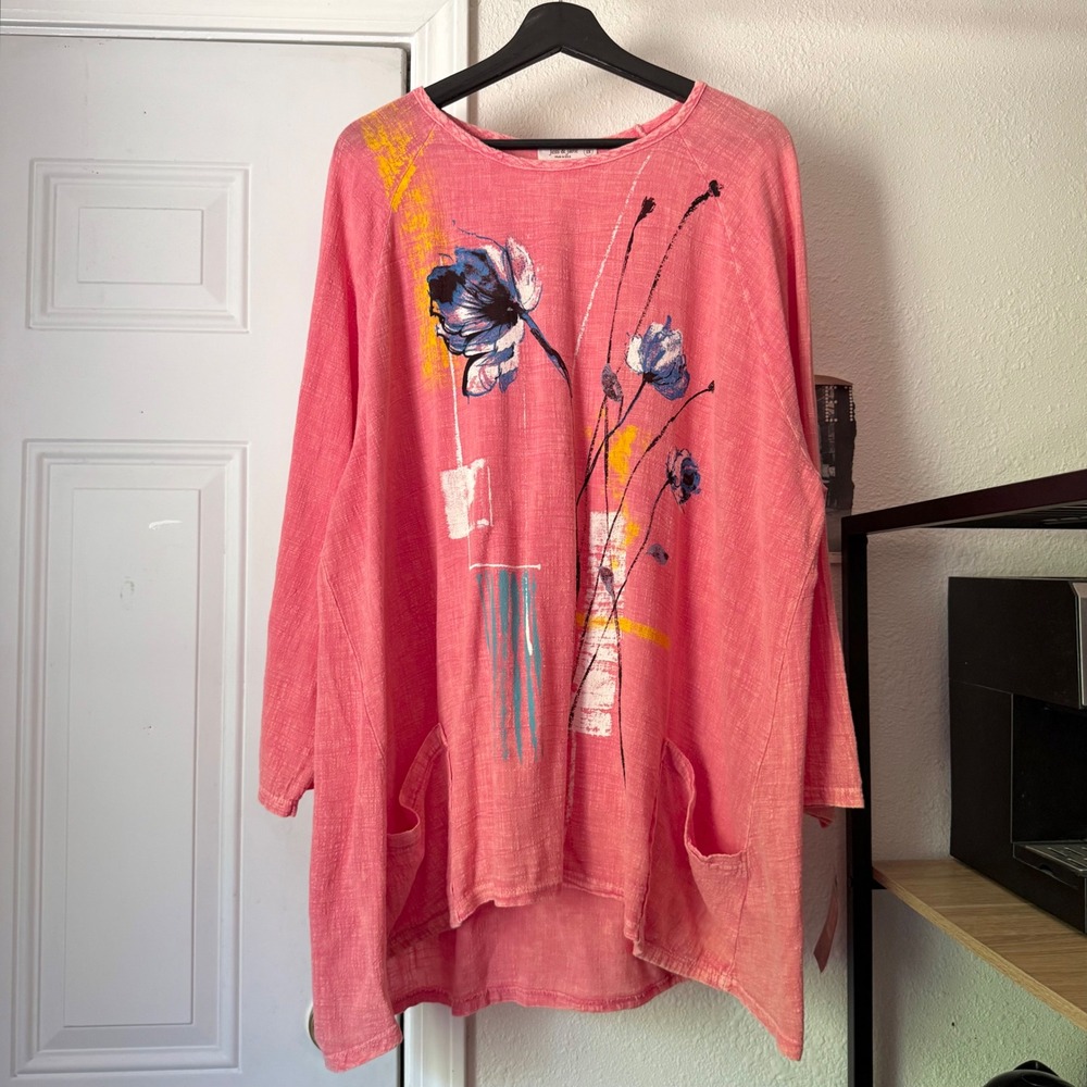 NWT JESS & JANE pink cotton gauze boat floral long sleeve tunic shirt top blouse